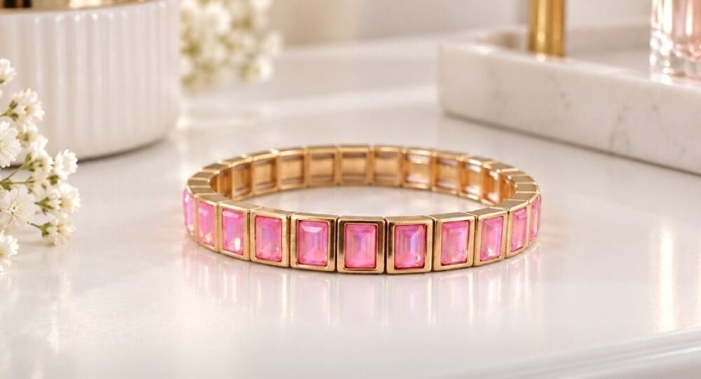 Gold Pink Stone Stretch Bracelet New